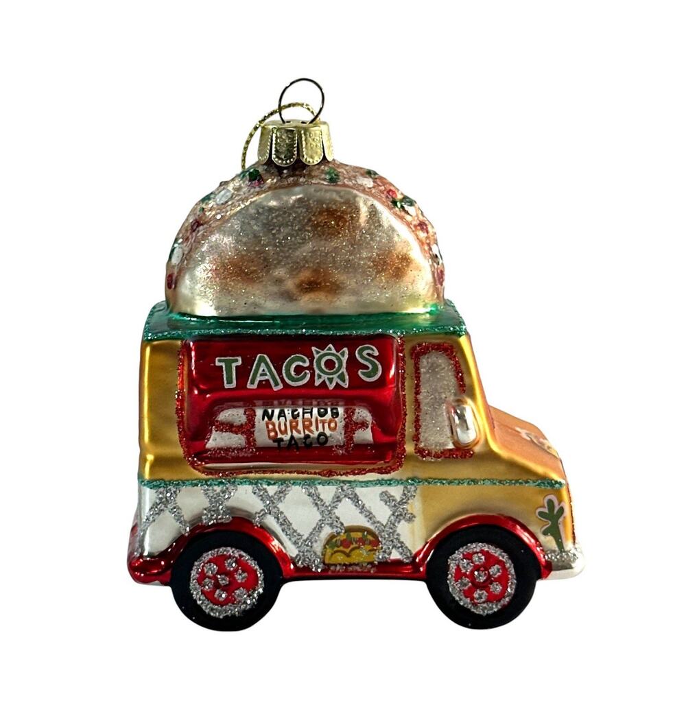 Taco Food Truck Blown Glass Christmas Ornament Glitter 3.5”